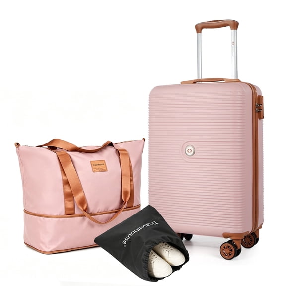 Travelhouse 3-Piece Hardside Spinner Carry on Luggage Set with TSA Lock and Travel Bag,Pink