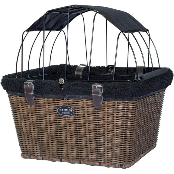 Travelin K9 Pet-Pilot MAX Wicker Bike Basket for Dogs/Cats - Includes Wire Cage Top w/Sun Shade + Plush Removable Padded Liner