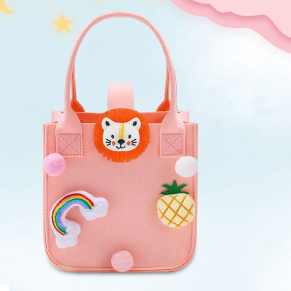 Traveling Bag Small Fur Ball Nylon Shopping Bag Cute Fashion Cartoon Doll Felt Tote Bag Women Handbag Candy Bag Storage Basket PINK