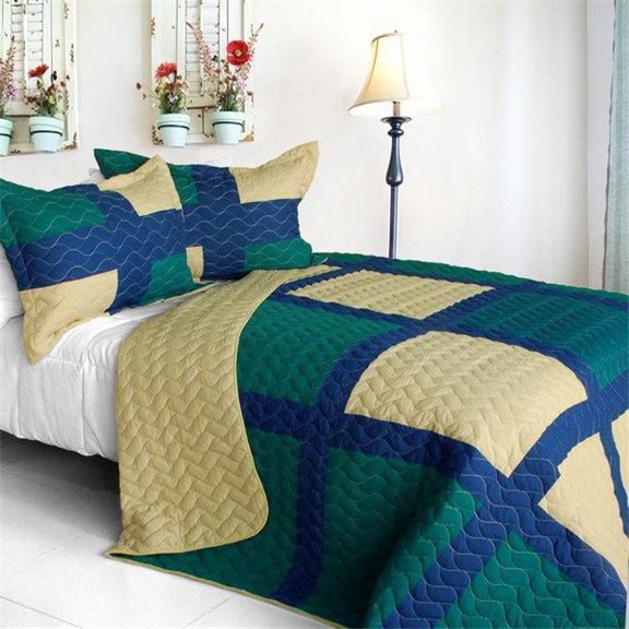 Traveling Light - 3 Pieces Vermicelli-Quilted Patchwork Quilt Set Full & Queen Size - Green