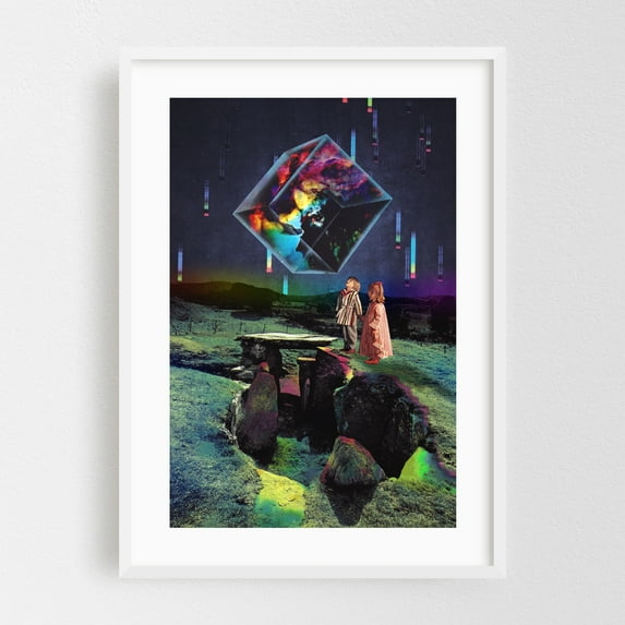 Traveling In A Lucid Dream - Salisbury England United Kingdom Collage Surrealism Psychedelic Modern Art Abstract Vintage Fantasy Cosmic White Framed Wall Art Print 5 x 7 inches
