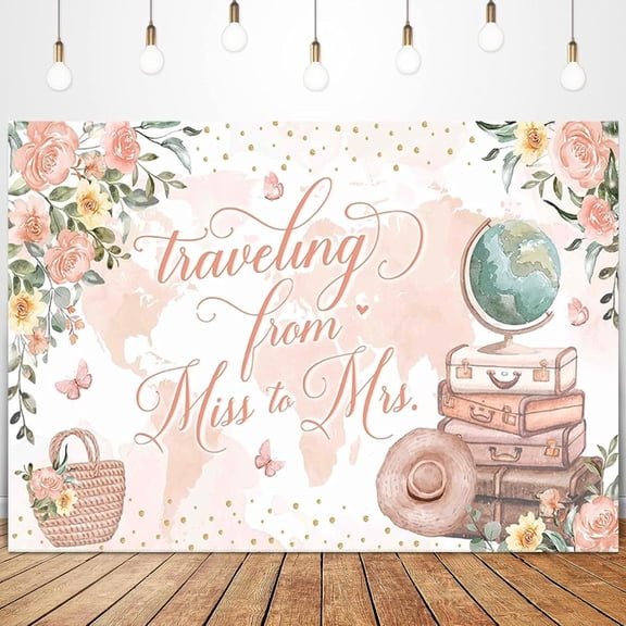 Traveling from Miss to Mrs Backdrop Photography Vintage Suitcase World Map Adventure Begins Background Pink Flowers Bridal Shower Wedding Engagement Party Decorations,7X5FT