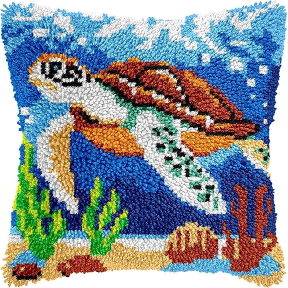Traveling Sea Turtle Latch Hook Kits for Adults, Beginners Ocean Latch Hook Pillow Kit Pre-Printed Latch Hook Rug Kits Cross-Stitch Embroidery Cushion for Home Sofa Decoration 17x17 in. Handmade Gift