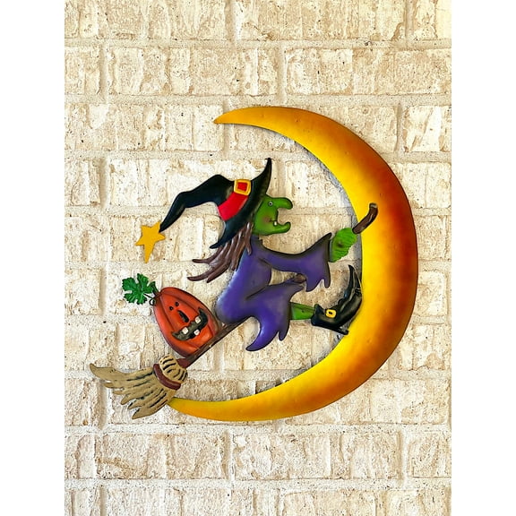 Traveling Witch On A Broomstick Hanging Metal Decor Halloween Indoor Outdoor Door Wall Rustic Home Business Party Accessory 18" D