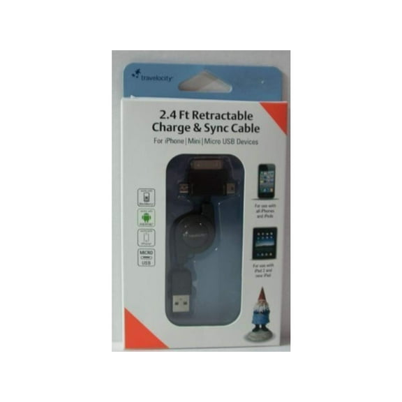 Travelocity 2.4' Retractable Charge & Sync Cable - 30-Pin, Mini-USB, Micro-USB - Black