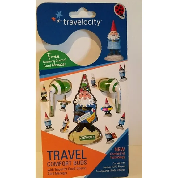 Travelocity Brand Green & White Travel Comfort Earbuds Includes Cord Manager