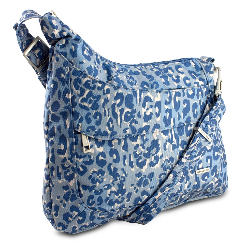 Travelon AntiTheft Asymmetric RFID Crossbody, Blue Leopard