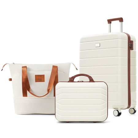 Travelpro Max 3-Piece Hardside Luggage Set with TSA Lock, 14/20 Inch Spinner Suitcase Set with Expandable Travel Duffel Bag & Waterproof Toiletry Kit, Adjustable Handle ( ivory and brown)