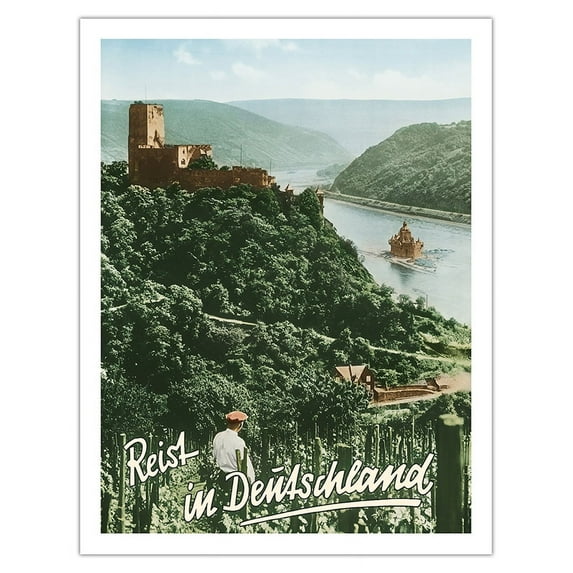 Travels in Germany (Deutschland) - Fürstenberg Castle Ruins - Rhine River - Vintage Travel Poster by F. Kratz c.1950s - Fine Art Matte Paper Print (Unframed) 20x26in