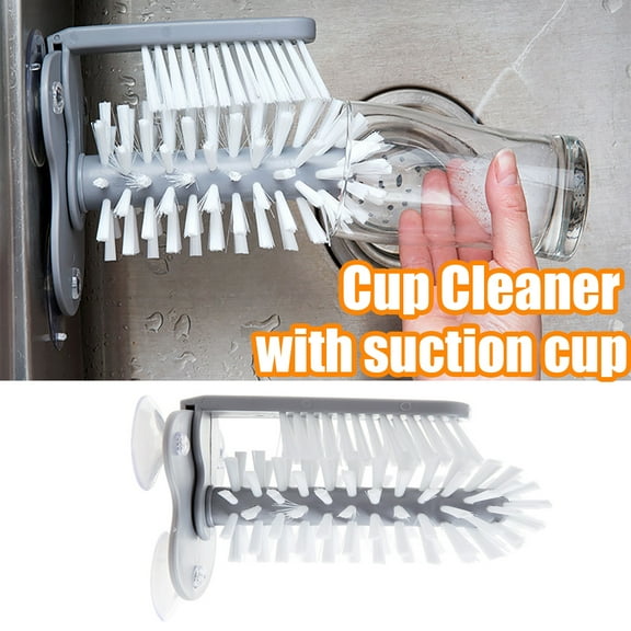 Travelwant 1 Set Water Bottle Cleaning Brush Glass Cup Washer with Suction Base Bristle Brush for Beer Cup, Long Leg Cup, Red Wine Glass and More Bar Kitchen Sink Home Tools Grey