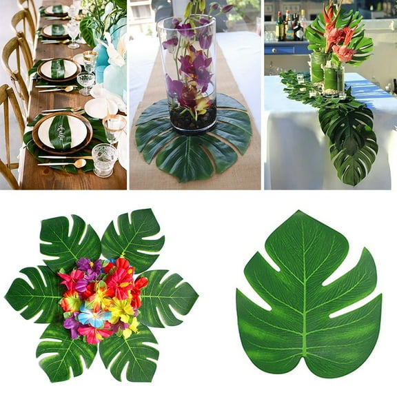 Travelwant 12Pcs /Pack Artificial Palm Leaves Tropical Monstera Fake Large Green Leaf Table Wall Decoration for Jungle Safari Hawaiian Luau Party BBQ Beach Bridal Shower Wedding Birthday