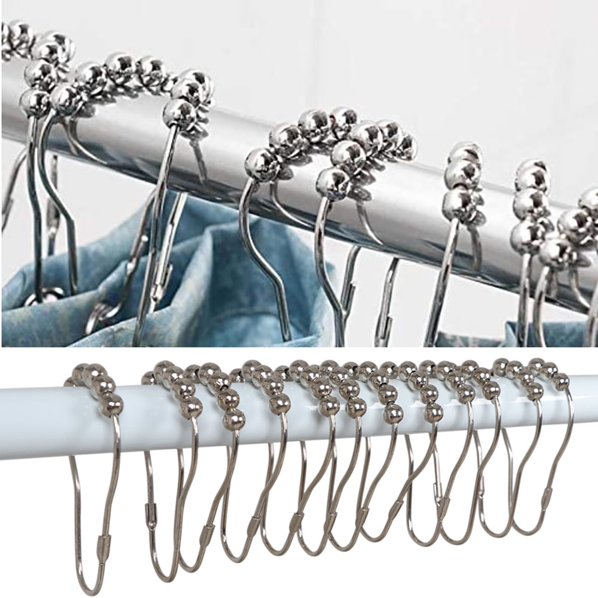 Travelwant 12Pcs Rollerball Easy Glide Bathroom Shower Curtain Hooks ...