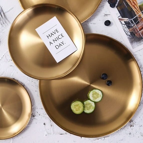 Travelwant 14/17/20/23/26cm Gold Round Storage Trays, Stainless Steel Metal Presentation Plates, Decorative Storage Organizer Serving Tray for Jewelry/Cosmetic/Kitchen Tableware