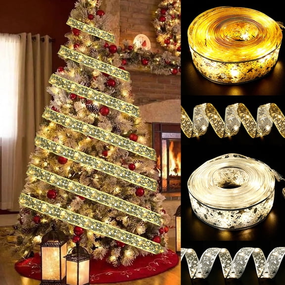 Travelwant 1m/2m Christmas Ribbon Lights Lights Battery Powered Copper Wire Ribbon Bows String Lights for New Year Party Weddings Christmas Tree Decorations
