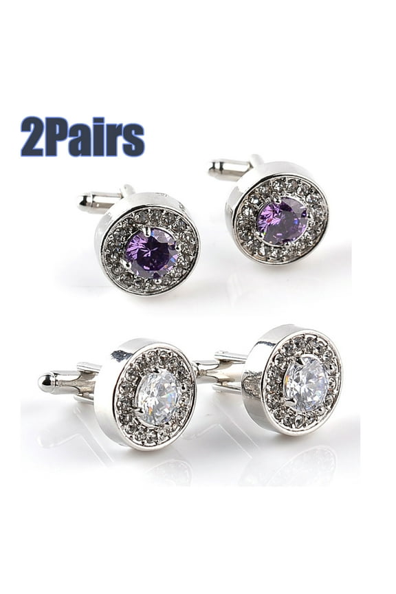2 Pairs Men Fashion Shiny Rhinestone Men's Cuff Links Wedding Party Shirt Round Cufflinks Formal Suit Accessories with Presentation Gift Special Occasions Anniversary Suit Cuff