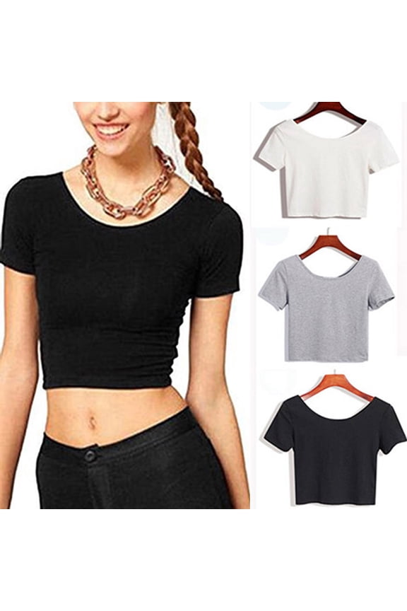 2Pcs/Set Women's Basic Short Sleeve Crop Top Cotton Crop Tee Shirts Crop Tops for Women Basic Scoop Neck Short Sleeve T-Shirts