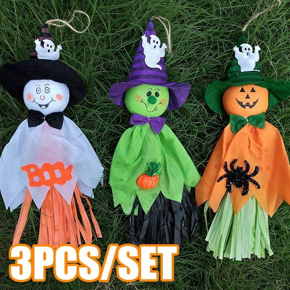 Travelwant 3 Packs Halloween Decoration Hanging Ghost, Spook Pumpkin Fly Witch Scarecrow Doll, Pumpkin Ghost Straw Windsock Pendant for Patio Lawn Garden Party and Holiday Decorations