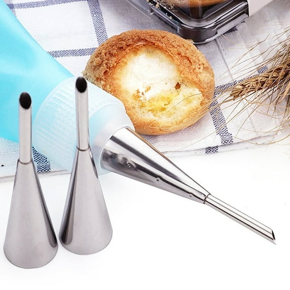 Travelwant 3Pcs/Set Cream Icing Piping Nozzle, Stainless Steel Puff Nozzle, Decorating Tips Baking Tool, Piping Bag Nozzles for Filling Donuts, Cupcakes, Elclairs and Pastry