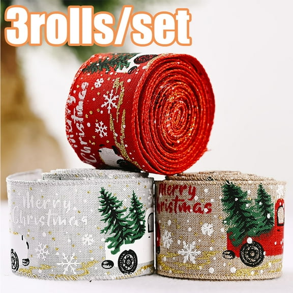 Travelwant 3Rolls/Set Christmas Vintage Truck Burlap Ribbons Wired Vintage Tree Burlap Ribbon Christmas Party Ribbons Xmas Tree Ornament Hanging Decorations for DIY Wrapping Crafts Wreath Decor