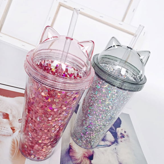 Travelwant 420ml Sequin Travel Coffee Mug Tumblers with Lids Straws Kids Tumblers Reusable Plastic Cold Cups with Lid Insulated Tumbler Cup Funny Mug for Kids Men Women