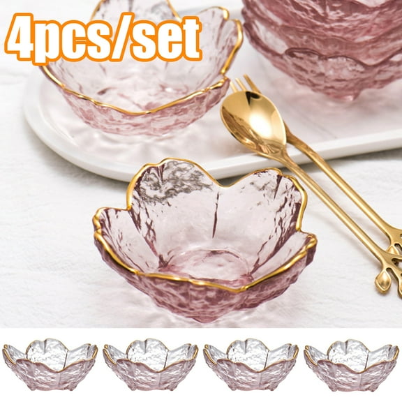 Travelwant 4Pcs/Set Sakura Plates Soy Sauce Dish with gold side, Sakura Shaped Glass Seasoning Dishes/Pink Appetizer Plates, Japanese Crystal Salad Bowls, Housewarming Gifts 