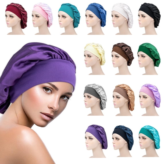 Travelwant 4Pcs Woman Girls Comfortable Sleep Hat Wide Headband Elastic Satin Stretchy Hair Bonnet Hat Sleeping Caps Night Hat Reusable Shower Cap