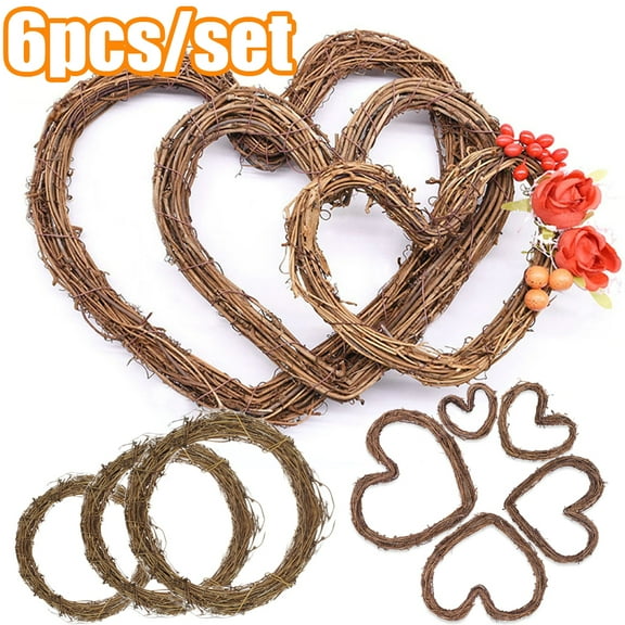 Travelwant 6Pcs/Set Natural Rattan Vine Ring Grapevine Wreath Vine Branch Wreath Decorative Wooden Twig for Craft, Decor, Door, House, Holiday - Round Shape/Heart Shape-10,15,20,25,30,35cm