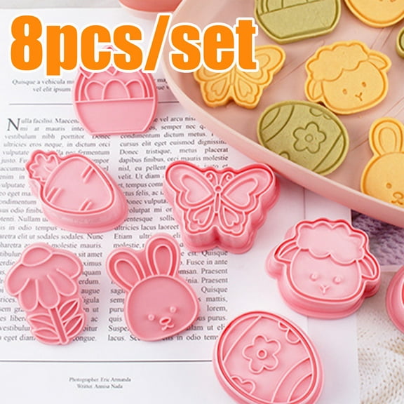Travelwant 8Pcs/Set Easter Cookie Cutters 3D Embossing Cookie Stamper Plastic Biscuit Molds Rabbit Bunny Egg Butterfly Flower Basket Stamps for DIY Cake Baking Supplies