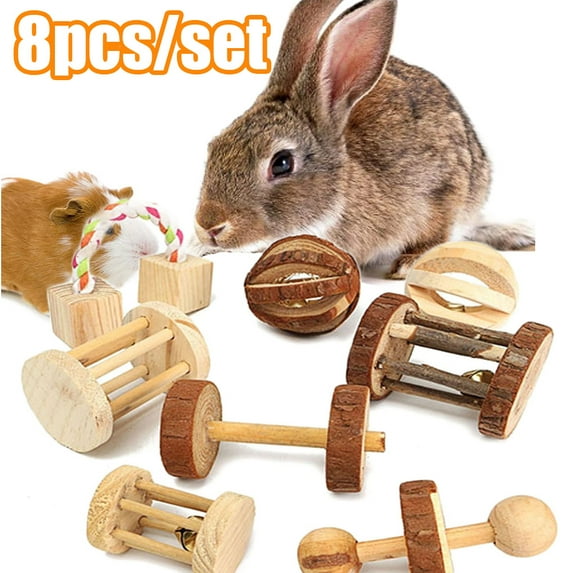 Travelwant 8Pcs/Set Rabbit Chew Toys, Pet Bunny Tooth Chew Toys Organic Natural Apple Wood Grass Cake Ideal for Bunny, Chinchilla, Guinea Pigs, Hamsters Teeth Grinding, Bird Exercise Molar