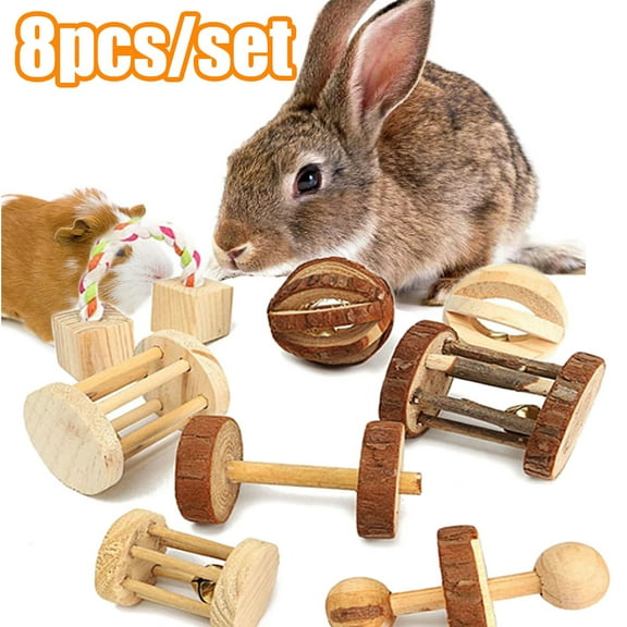 Travelwant 8Pcs/Set Rabbit Chew Toys, Pet Bunny Tooth Chew Toys Organic Natural Apple Wood Grass Cake Ideal for Bunny, Chinchilla, Guinea Pigs, Hamsters Teeth Grinding, Bird Exercise Molar
