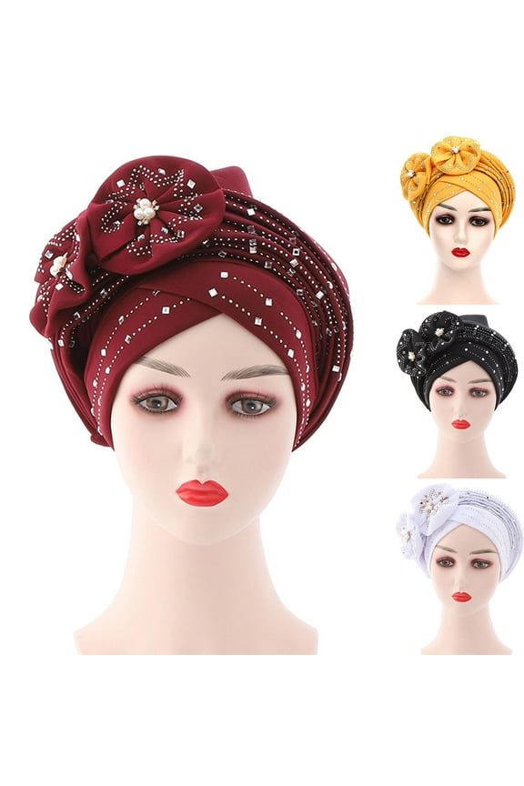 African Turban Cap Flower Pattern Headwrap Elastic Knot Pre-Tied Bonnet Beanie Hat for Women