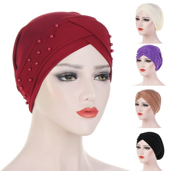 Travelwant African Women Turban Cap Beaded Headscarf Beanie Twisted Braid Wrap Hat Faux Pearl Headwrap