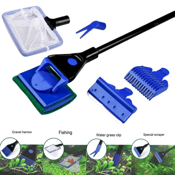 Travelwant Aquarium Fish Tank Clean Kit, Aquarium Glass Cleaner & Algae Scrapers 5 in 1 Aquarium Cleaner Tool Kit Fish Net + Gravel Rake +Plant Fork + Scraper + Sponge Brush Clean