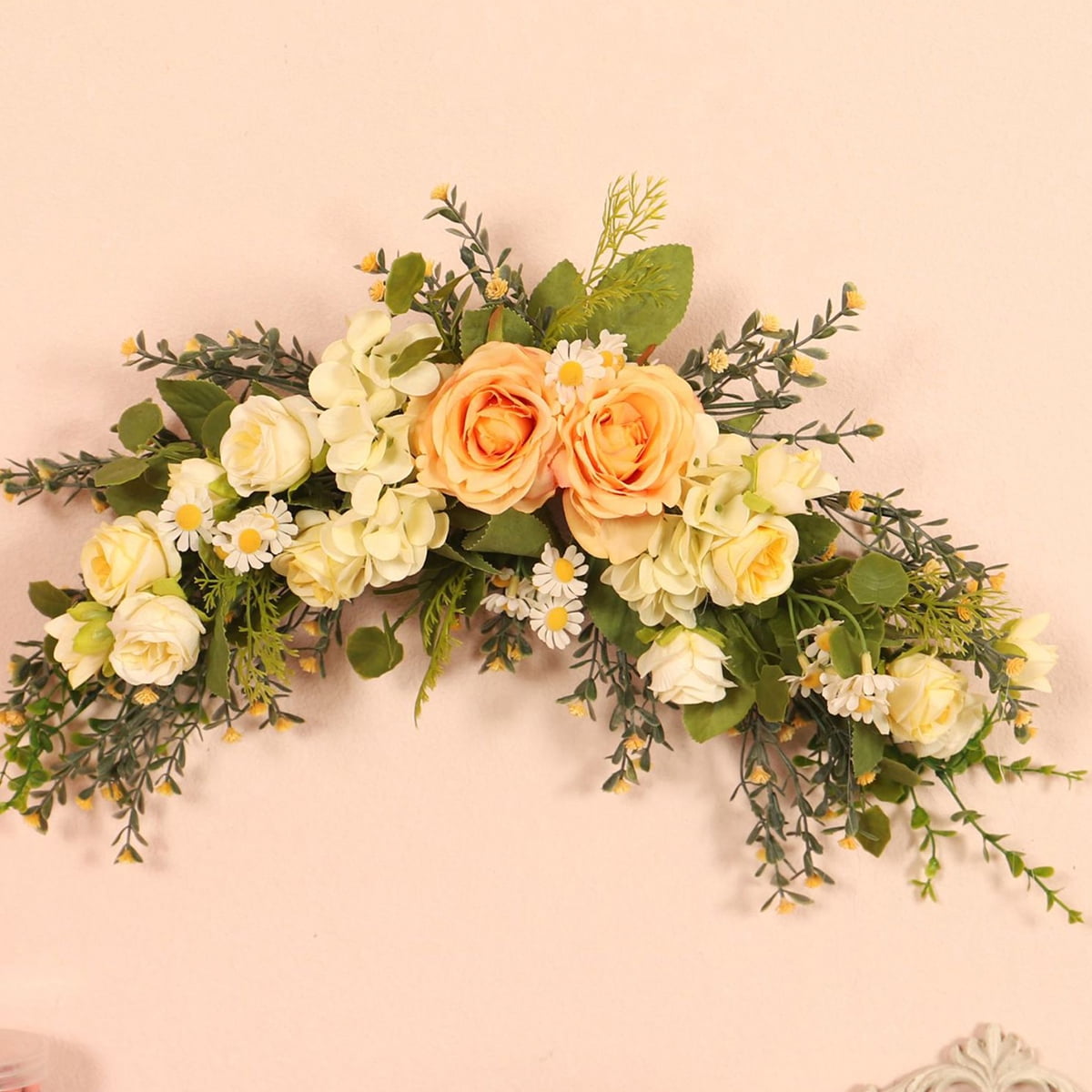 Artificial Peony Rose Flower Swag With Welcome Sign - 30" Hanging Floral Arch For Doors & Weddings