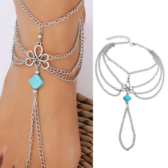 Travelwant Bohemian Layered Anklet with Toe Ring Silver Turquoise Barefoot Sandals Summer Beach Wedding Foot Accessories Boho Toe Link Ankle Bracelet