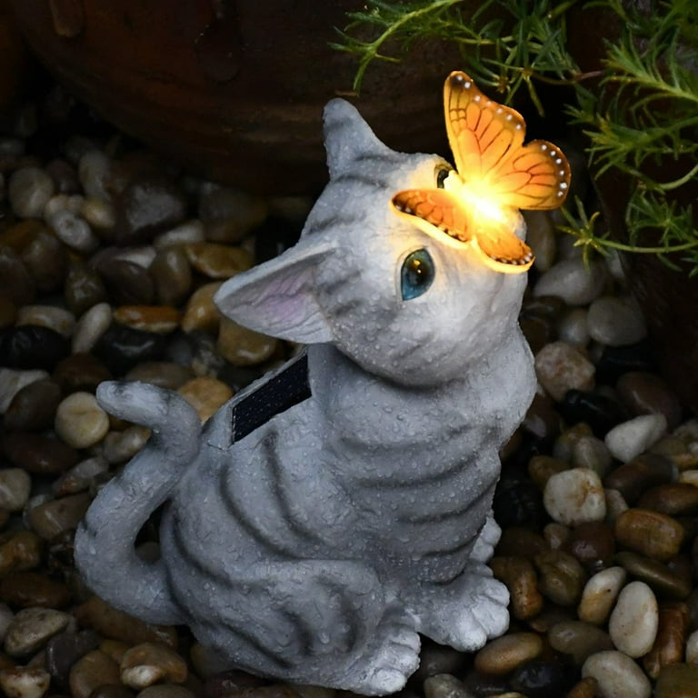 Travelwant Cat Statues Butterfly Solar Light Garden Decor, Garden Cat Statue,  Outdoor Resin Statue Animal Sculpture Lights Solar Powered 