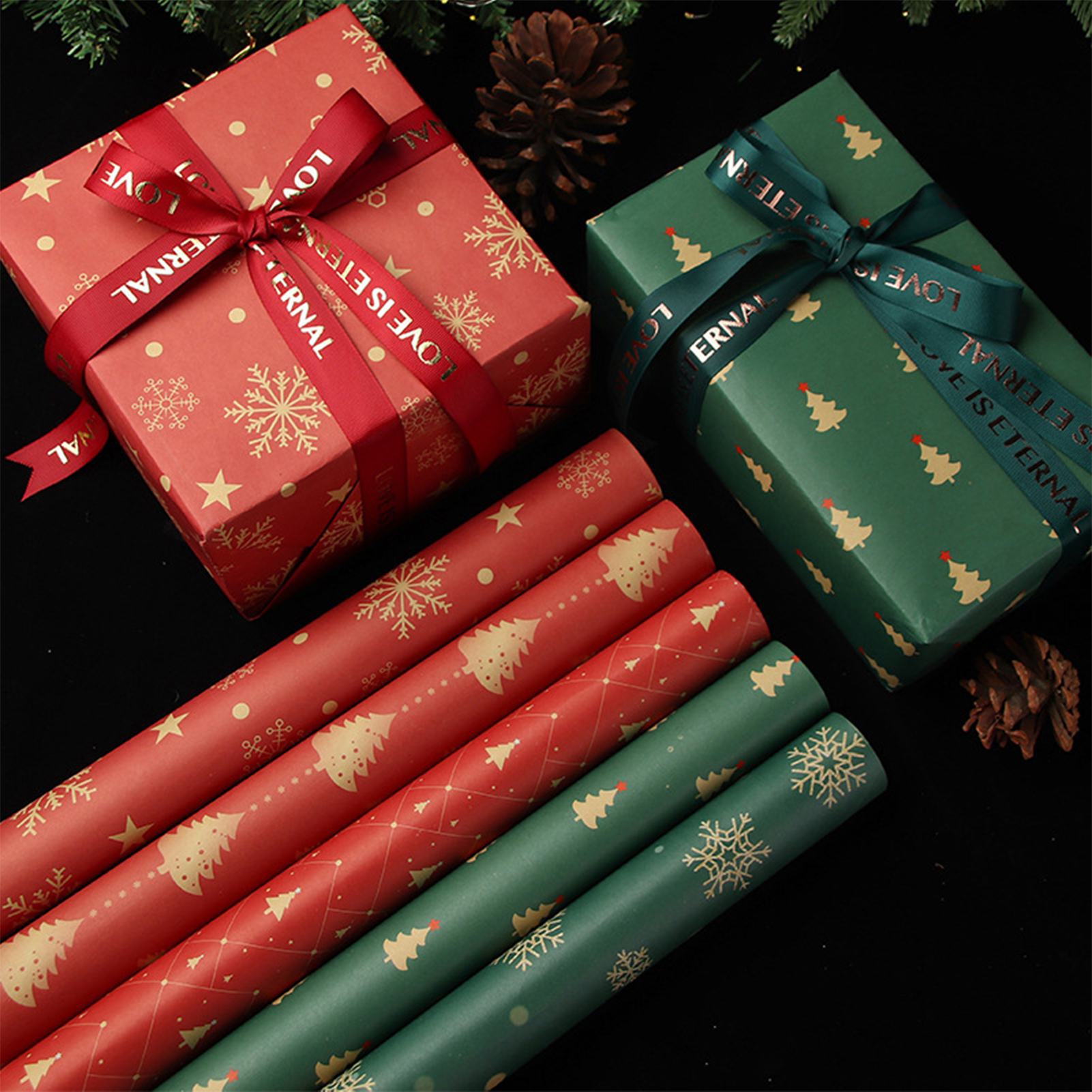 Travelwant Christmas Wrapping Paper - Brown Kraft Paper with Red and Green Pattern for -Christmas Elements Collection, Other