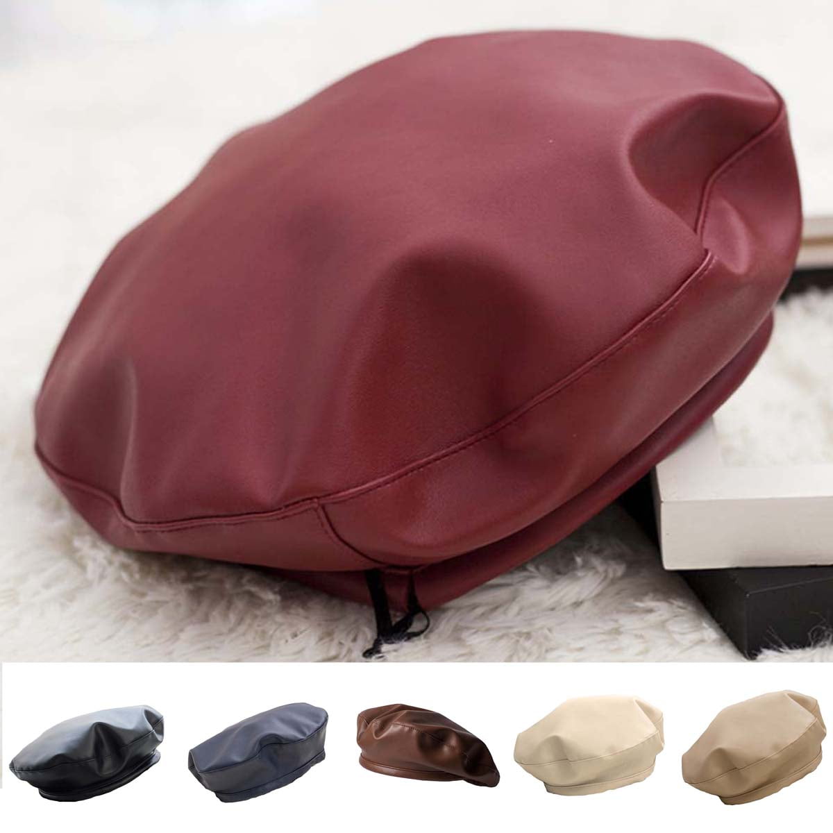 5117 Pu Leather Beret Hat For Women, French Artist Solid Color PU Leather Berets for Women French Beret Hats Artist Painter  main image 2