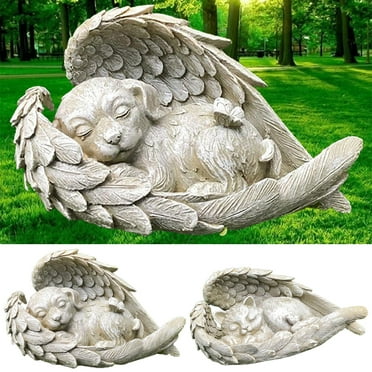 Travelwant Collections Dog Memorial Statue/Pet Memorial Statue/Sleeping Dog Grave Marker Stone with Feathered Angel Wings for Outdoor or Indoor (Natural Stone Color Finish)