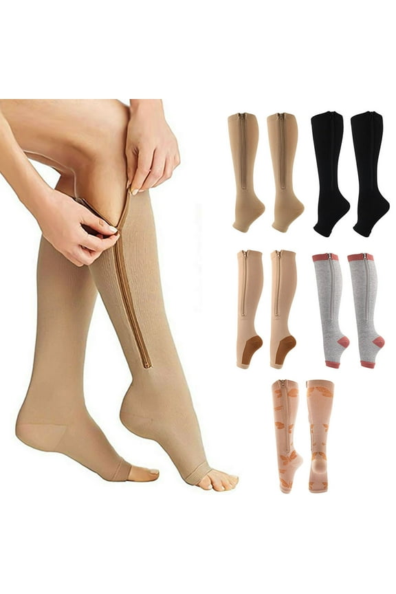 Compression Socks Toe Open Leg Support Stocking Knee High Socks with Zipper