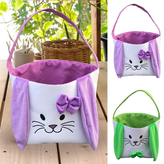 Travelwant Easter Basket Easter Bunny Basket Egg Bags for Kids,Canvas Cotton Personalized Candy Egg Basket Rabbit Print Buckets Gifts Bags for Easter