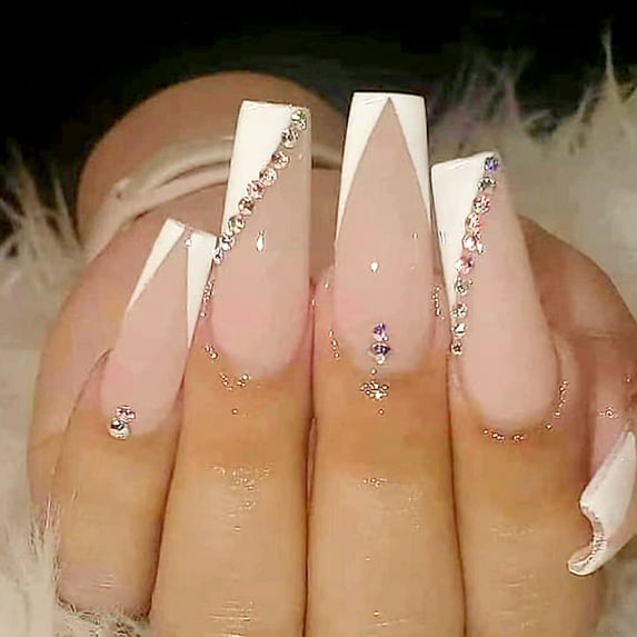 Travelwant Fake Nails Glossy Pure Color Nude Rhinestones Glitter Luxury Medium Long Stiletto Almond Press on Nail False Tips Artificial Finger Manicure
