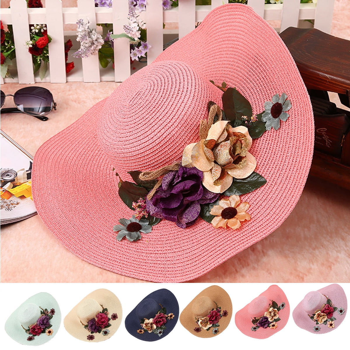 Women\'s Pink Sun Hat with Floral Accent - Stylish Summer Accessory Amazon.com: Didiseaon Summer Straw Sun Hat for Wide Brim Sun  main image 2