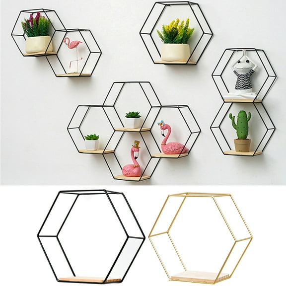 Travelwant Geometric Hexagon Shaped Mounted Floating, Home Decor, Metal Wire and Rustic Wood Wall Storage Shelves for Bedroom, Living Room, Bathroom, Kitchen and Office