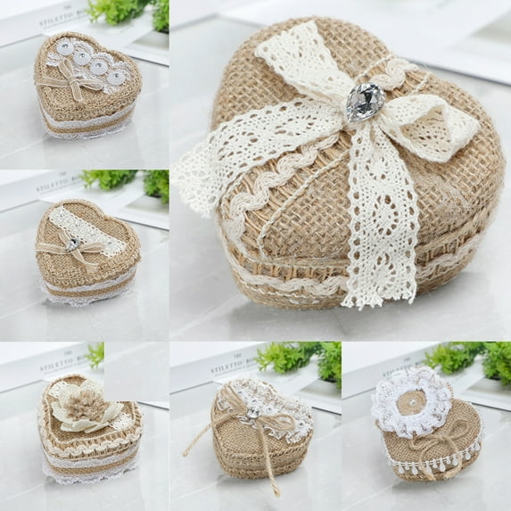 Travelwant Heart Shape Linen Ring Box, Natural Color Double Ring Slot Wedding Ceremony Ring Box with Lid,Engagement Ring Box Holder, Proposal, Wedding, Heirloom, Ring Bearer Box