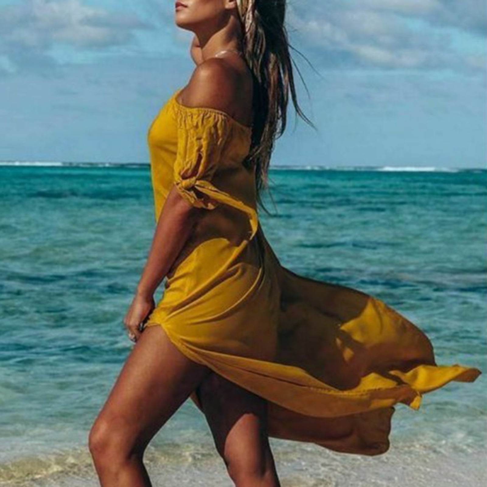 Travelwant Irregular Cover Up Dress Boat Neck Side Split Mid calf Length Swimwear Dress for Beach