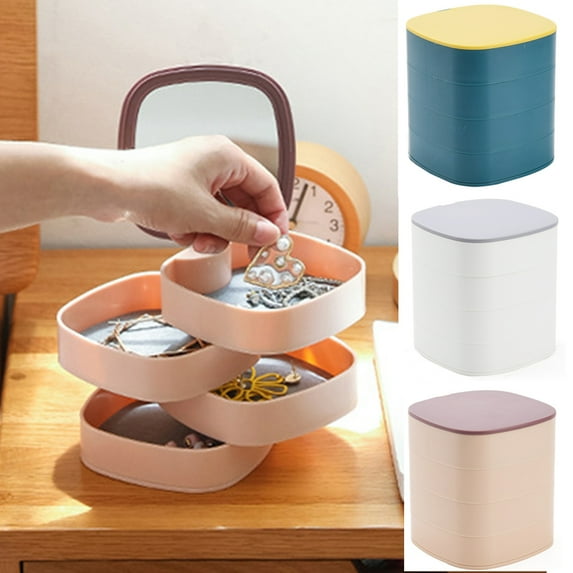Travelwant Jewelry Organizer, Small Jewelry Box Earring Holder for Women, Jewelry Storage Box 4-Layer Rotatable Jewelry Accessory Storage Tray with Lid for Rings Bracelets