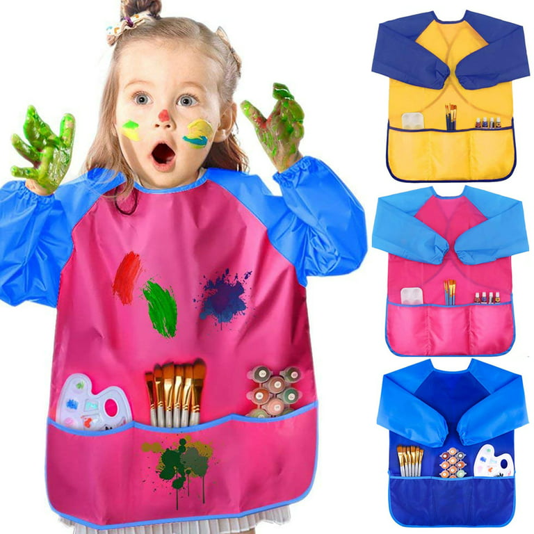 Pack of 2 Kids Art Smocks, Children Waterproof Artist Painting Aprons Long  Sleeve with 3 Pockets for Age 2-6 Years
