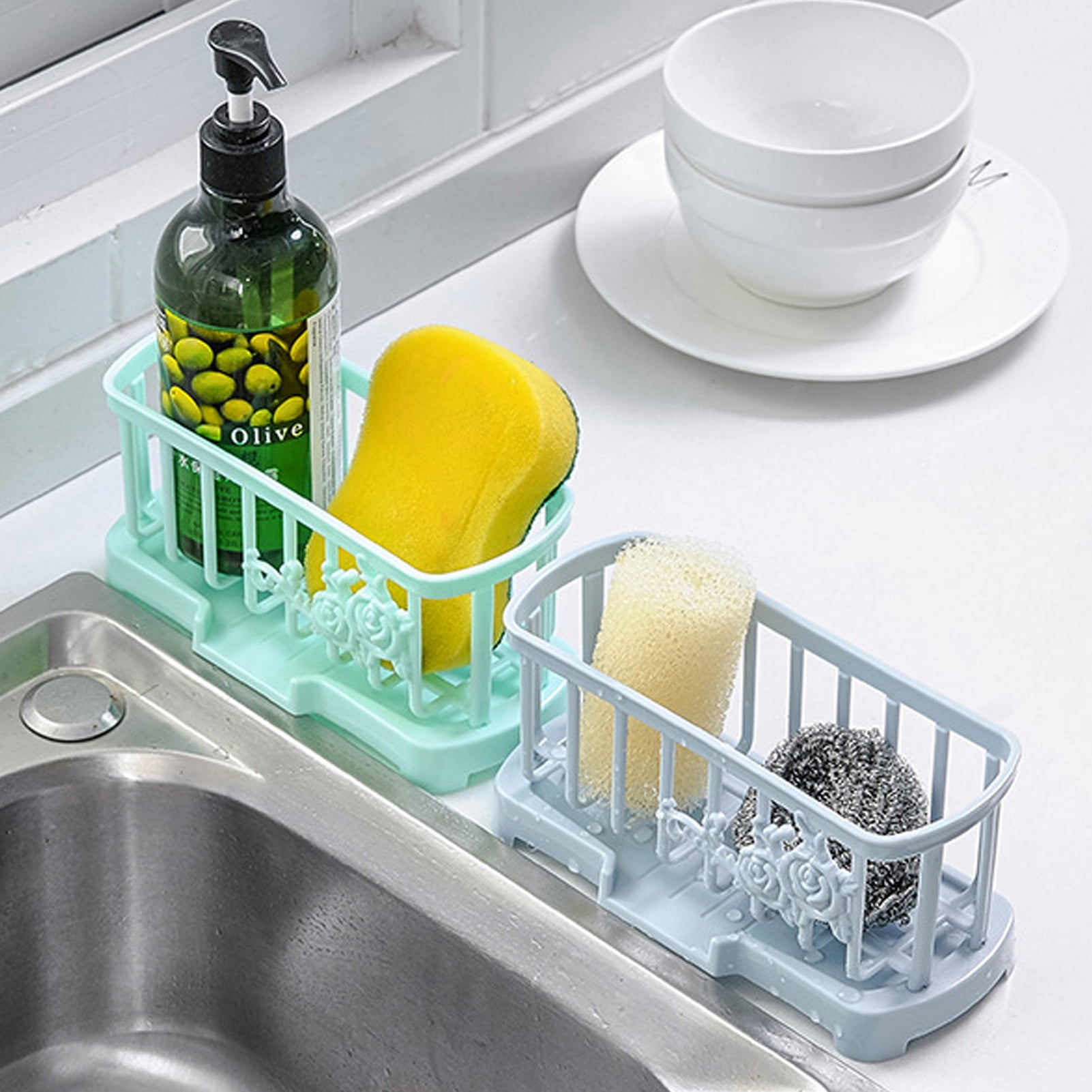 Travelwant Kitchen Sink Caddy Organizer Sponge Holder with Drain Pan for Sponges Soap Kitchen Bathroom