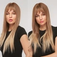 thumbnail image 1 of Travelwant Long Straight Blonde Golden Wig Middle Part with Bangs Wigs Synthetic Fiber Wig for White Women Halloween Party Daily Use(Blonde Golden), 1 of 7